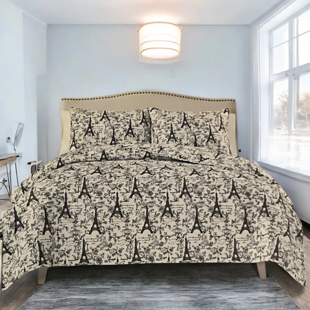 Quilt 3 Piece Quilt Set, Eiffel Towers with Flowers, Off White, and Dark Blue